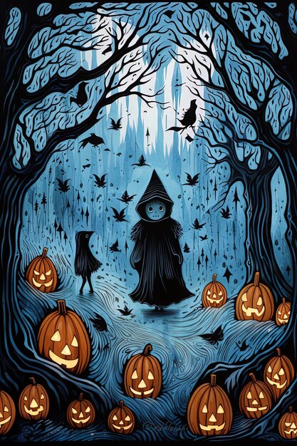 a halloween illustration of a witch sitting in a tree with pumpkins and birds