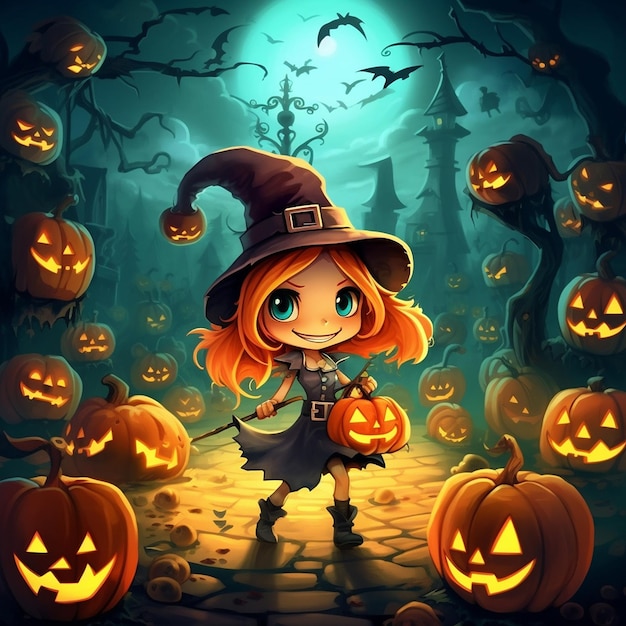 ハロウィーンのイラストで頭の上に南瓜をつけた魔女が描かれています