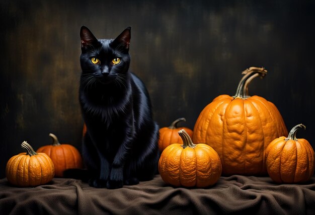 Photo halloween illustration with a black cat and pumpkins inside interior