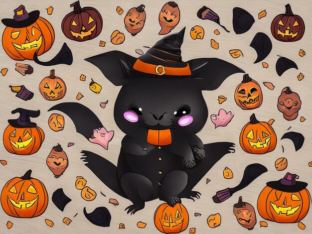 Halloween illustration with a black cat standing on a jacko'lantern pumpkin against the backgroun