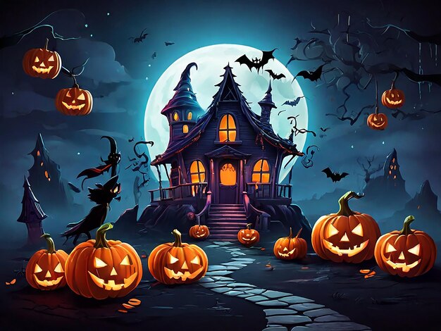 a halloween illustration with pumpkins and bats on it