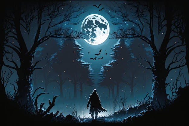 Хэллоуинская иллюстрация с реалистичной вечерней обстановкой и фэнтезийным лунным лесом
