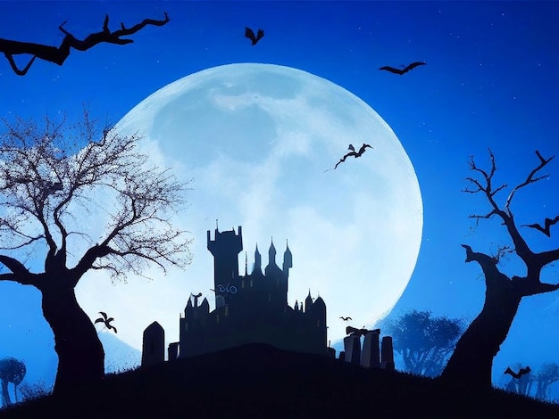 Halloween illustration with silhouette of castle at glowing moon and dead trees near cemetery crosse