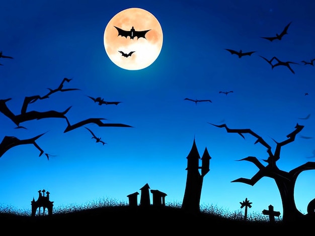 Halloween illustration with silhouette of castle at glowing moon and dead trees near cemetery crosse