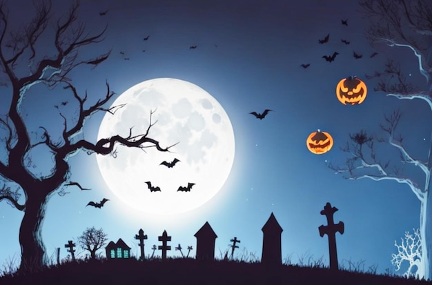 halloween illustration with silhouette of castle at glowing moon and dead trees near cemetery crosse