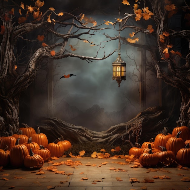 a halloween illustration with a tree and pumpkins in the background.