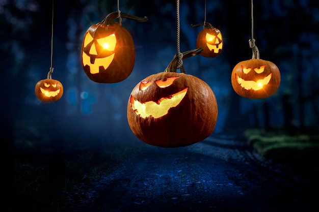 halloween image with spooky pumpkins. mixed media