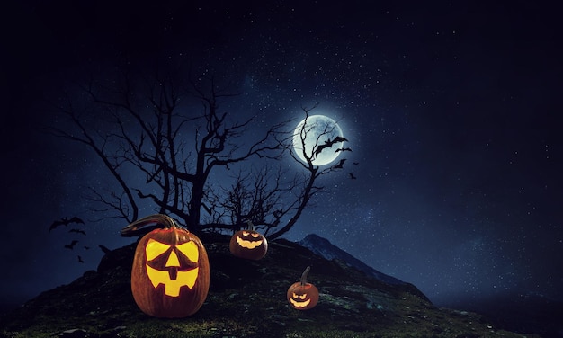 Halloween image with spooky pumpkins. Mixed media