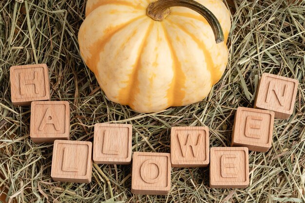 Photo halloween inscription made of wooden cubes pumpkin voodoo doll lying on the hay rustic vintage halloween background autumn composition top view flat lay