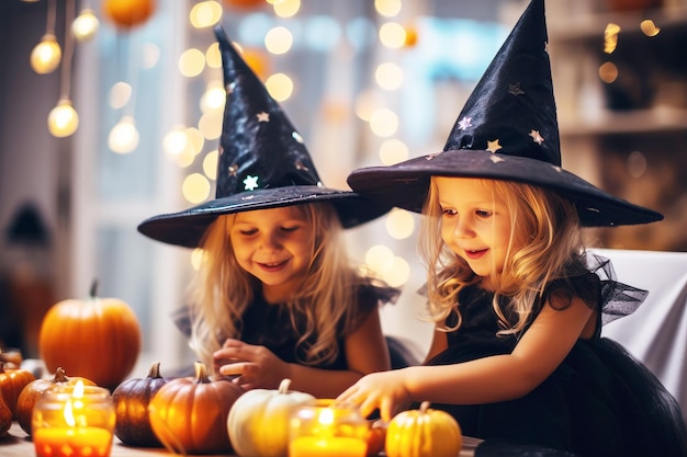 Halloween interieur twee meisjes in heksenjurken