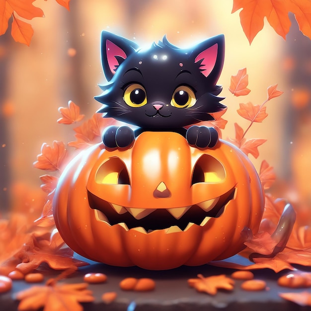 Halloween is a cat and cute black cat and 3D sticker detailed image a real image background