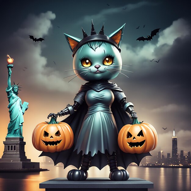 Halloween is a cat and cute black cat and 3D sticker detailed image a real image background