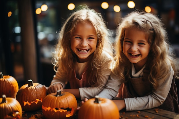 Halloween is een traditionele feestdag voor kinderen. Kinderen snijden een pompoen met vuur Hekserij