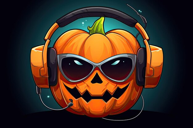 Halloween jack o lantern pumpkin wearing cooling glasses and headset