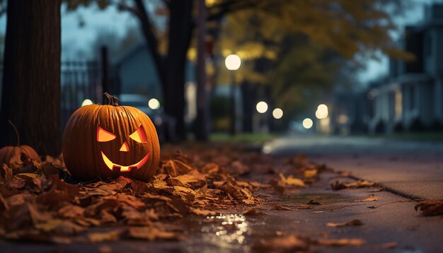 Halloween jackolantern high quality image in the middle of a fall stricken street