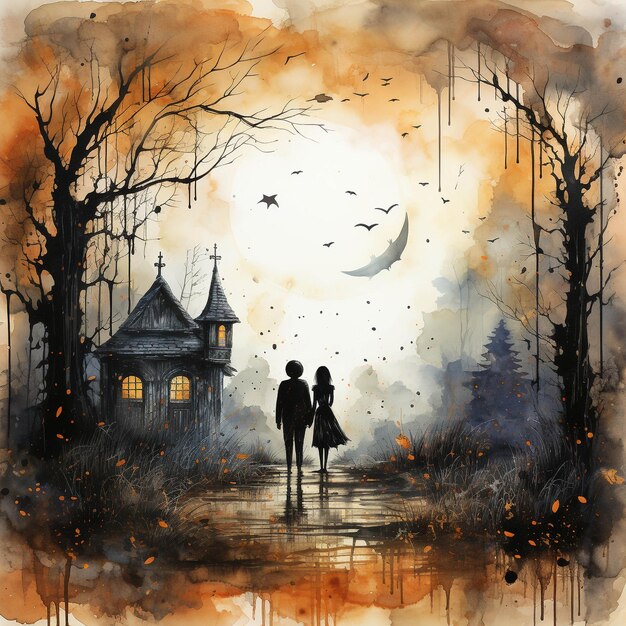 Photo halloween jackolanternromantic style eerie background watercolor on distressed paper