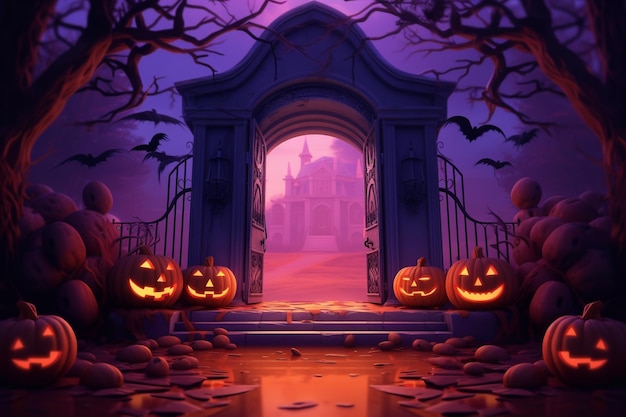 Halloween kasteel achtergrond met angstaanjagende pompoenen kaars het kerkhof 's nachts