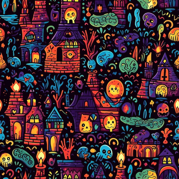 Halloween-kasteelachtergrond met enge pompoenenkaarsen op het kerkhof 's nachts