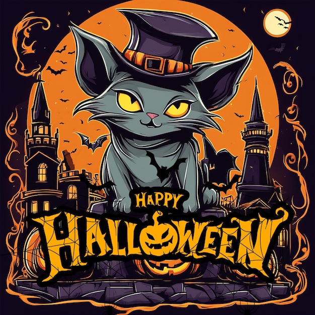 Halloween kat en kraai een pompoen veelkleurige heldere letters Halloween voor het huis