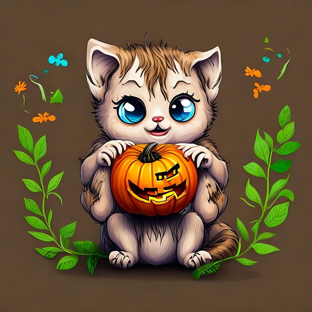 Halloween Kawaii Kittens playing with a small pumpkin generative AI