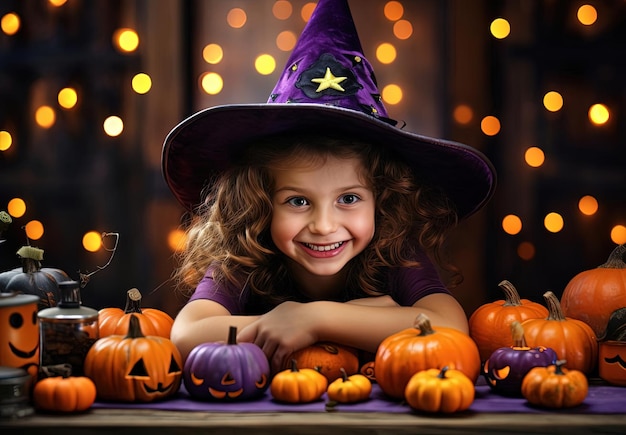 ハロウィーンの子供が木製の背景の上に魔女帽子をかぶっている