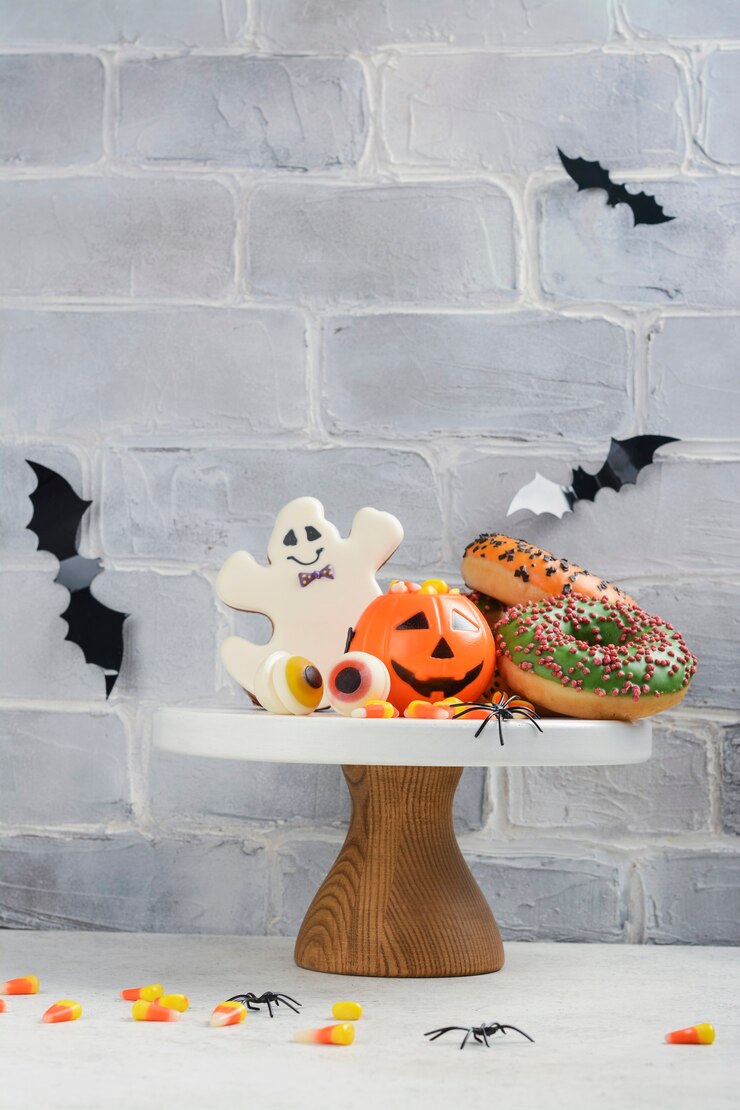 キャンディコーン、ジンジャークッキー、不気味なドーナツが並ぶハロウィーンのキッズパーティーテーブル。