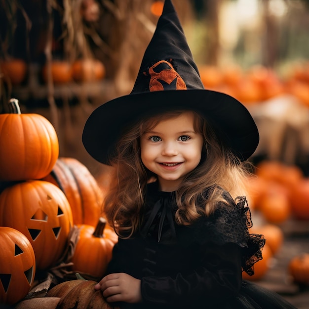 Halloween kind meisje met heks kostuum en pompoen