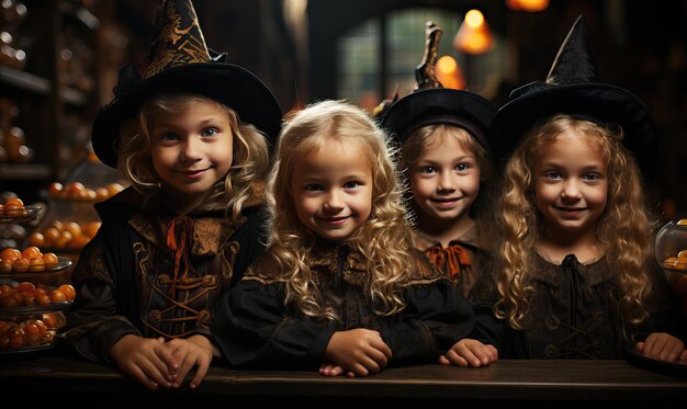 Halloween-kinderen in hoeden op de achtergrond van pompoenen Selectieve zachte focus