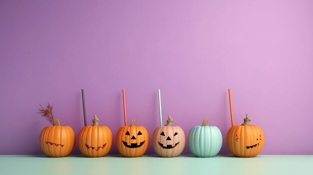 Foto halloween kleurrijke pompoen decoratie met pastel achtergrond en kopie ruimte ai gegenereerd