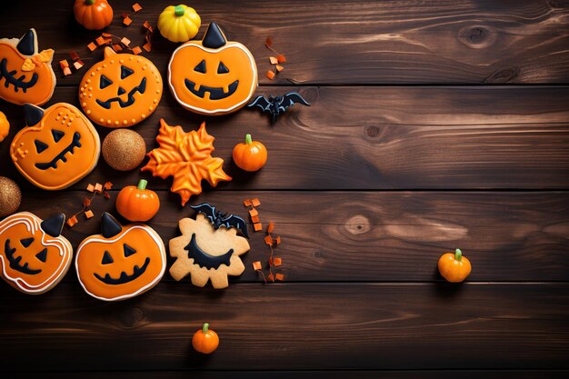 Halloween-koekjes op bruine houten achtergrond