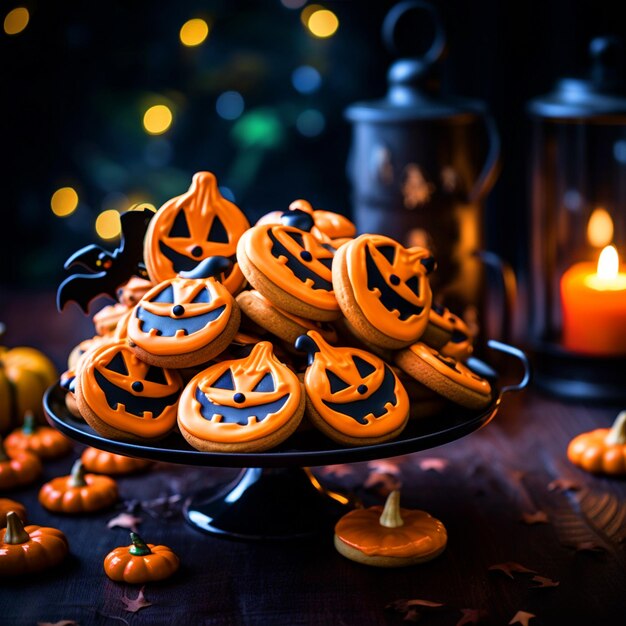 Halloween-koekjes op een griezelige achtergrond van de plaat