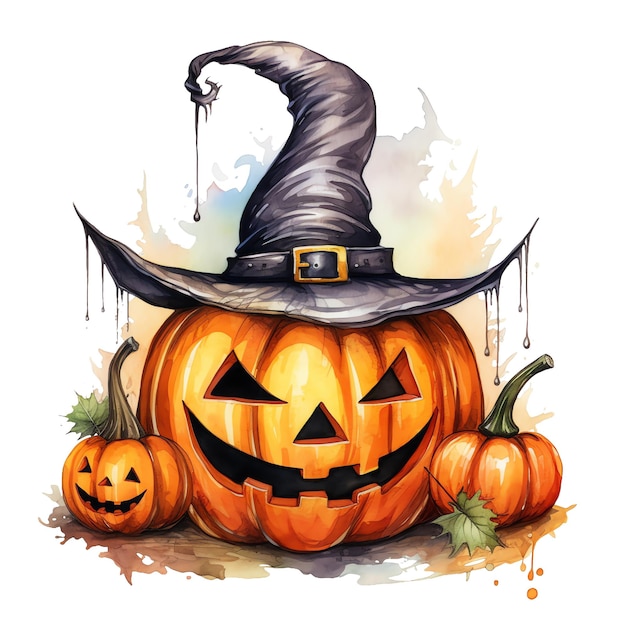 Halloween kwade pompoen met hoed aquarel illustratie halloween clipart