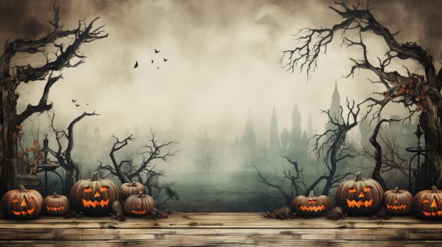 Halloween landscape with blur fog background