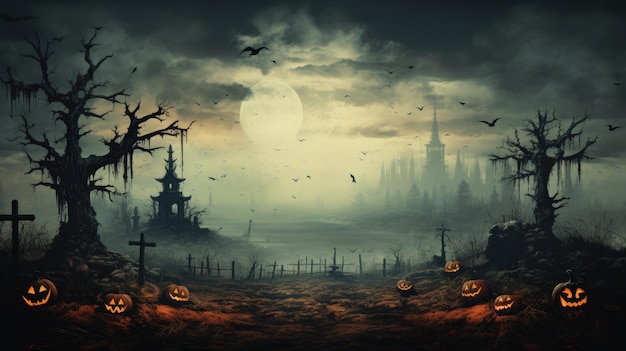 Halloween landscape with blur fog background