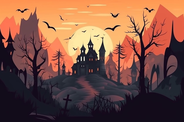 A halloween landscape with a castle and bats.