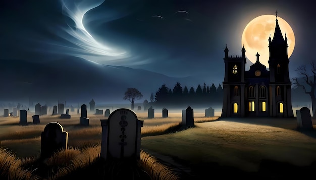 Halloween landscape with old cemetery by church at moonlit night