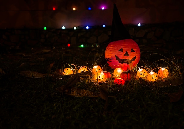 Halloween-lantaarn van de pompoen de hoofdhefboom in de tuin