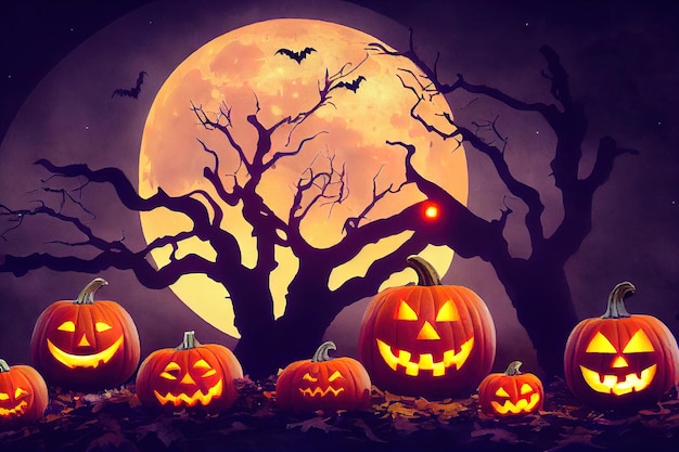 Halloween-lantaarns pompoen eng gezicht met oranje licht op donkere grond en blauwe maanverlichte nacht 3D-rendering rasterillustratie