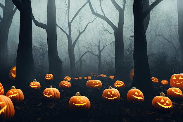 Halloween-lantaarns pompoen eng gezicht met oranje licht op donkere grond en blauwe maanverlichte nacht 3D-rendering rasterillustratie