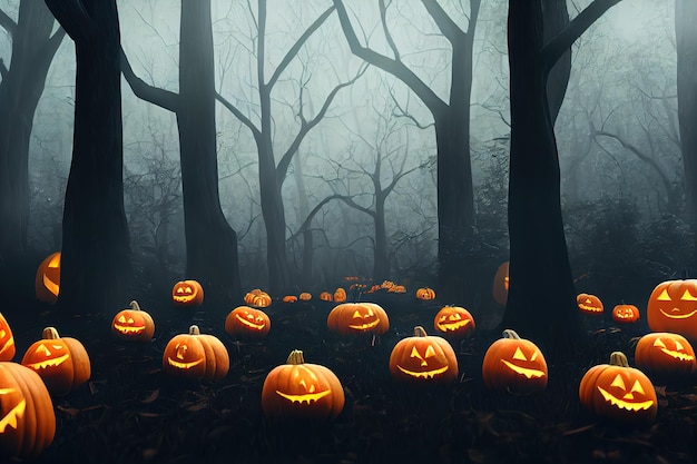Halloween lanterns pumpkin scary face with orange light on dark ground and blue moonlit night 3D rendering raster illustration