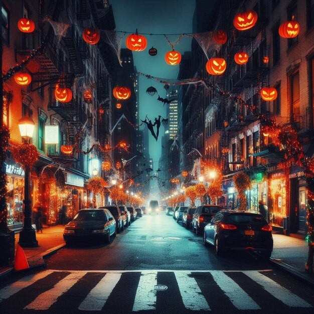 halloween lighting on a street