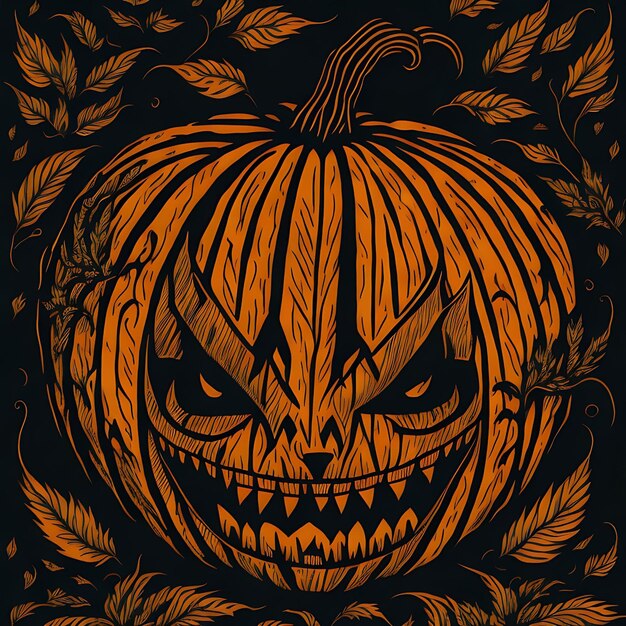 Halloween linocut pumpkin design Bold menacing expression flat colors perfect for spookythemed