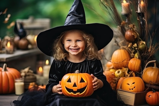 Halloween Little Witch with a Magic Book Small Girl Kids in Halloween Hat Witch Hats Generative AI Illustration