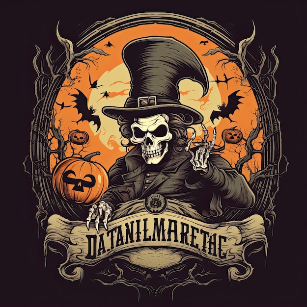 Halloween logo with vintage characters orange and light blue colors