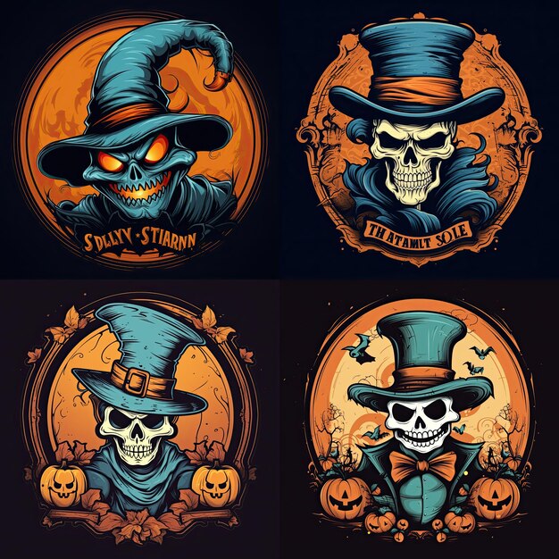 Halloween logo with vintage characters orange and light blue colors