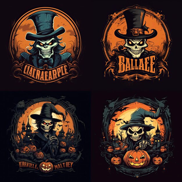 Halloween logo with vintage characters orange and light blue colors