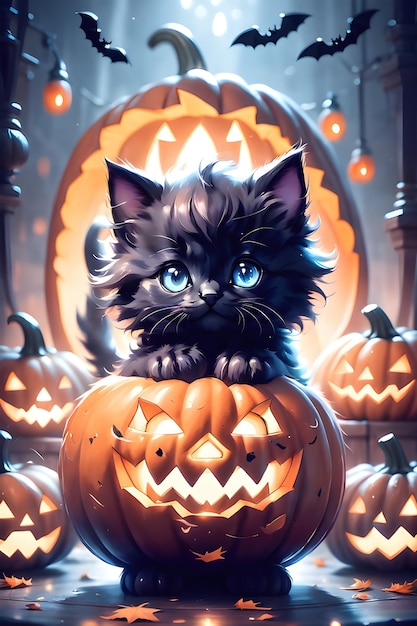 Foto halloween magic adorabile gatto fluffy seduto su una zucca