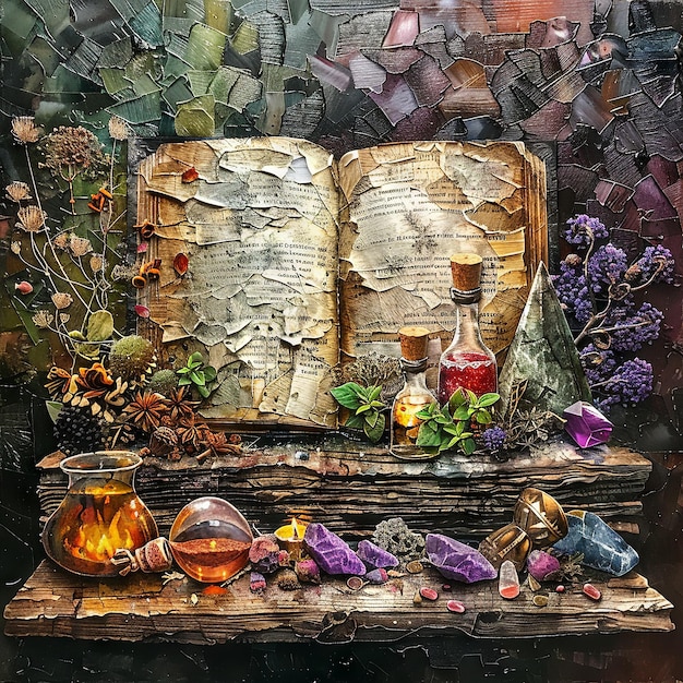 Halloween Magic Spell Book and Mystical Ambiance Collage