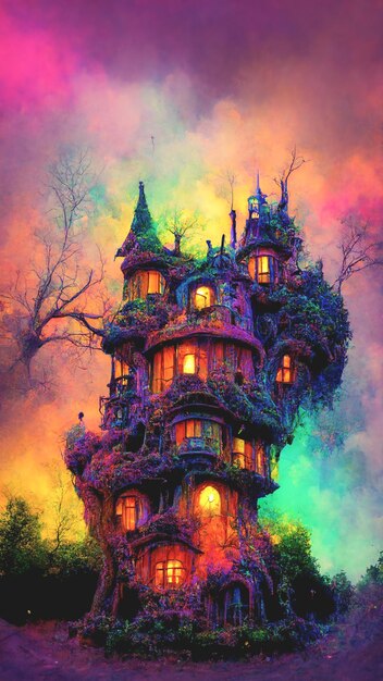 カラフルな背景を持つハロウィーンの魔法のおとぎ話のお化けツリーハウス城