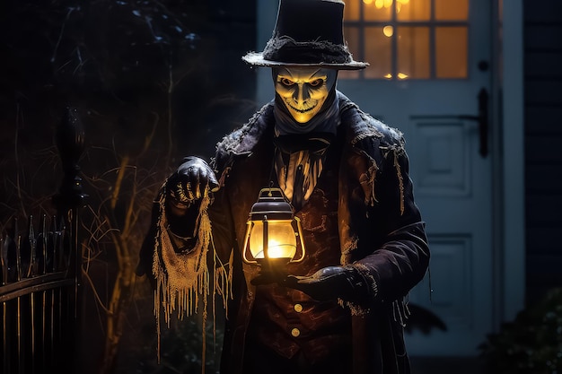 halloween man standing at night holding lantern in the style of detailed facial features